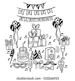 set of doodle or hand drawing birthday party icons
