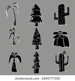 Conjunto de activos de ilustración de árbol de arte de icono de dibujo a mano de doodle