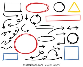 Set of doodle hand drawn arrows, curved arrow, frames