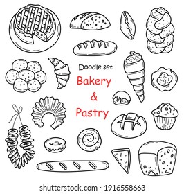 Panadería y pastelería de Doodle Hand Drawn al estilo de Sketch. Colección de pan de trigo de línea y contorno. Bolsa de doodle, croissant, baguette, pastel, donut. Ilustración vectorial.Aislada en fondo blanco.