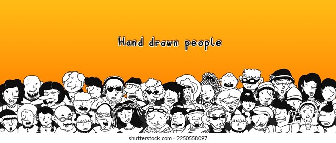 Set of doodle hand drawn big crowd of people different ages - children, teens, adults, seniors. Group of linear cartoon characters with different emotions. Yellow background with diverse human faces