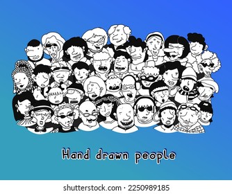 Set of doodle hand drawn big crowd of people different ages - children, teens, adults, seniors. Group of linear cartoon characters with different emotions. Diverse human faces, vector caricature
