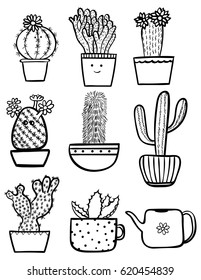 Set of doodle hand drawn cactuses isolated on white background. Vector illustration.