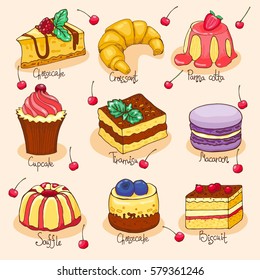 Set of doodle hand drawn cakes and desserts. Vector illustration, cartoon style