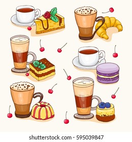 Set of doodle hand drawn cakes, cups of coffee and cocoa and desserts. Vector illustration, cartoon style