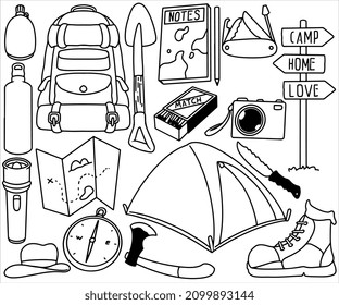 Set of doodle hand drawn camping and outdoor stuff collection isolated on white background.