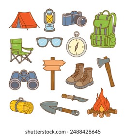 Set of doodle hand drawn camping and adventure vector cartoon illustration