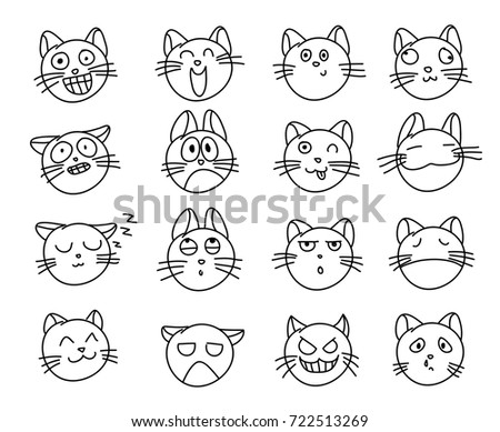 Set of Doodle hand drawn Cats on white background. Cats emotions icons.