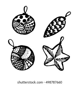 Set of doodle hand drawn Christmas balls. Greeting card black and white elements