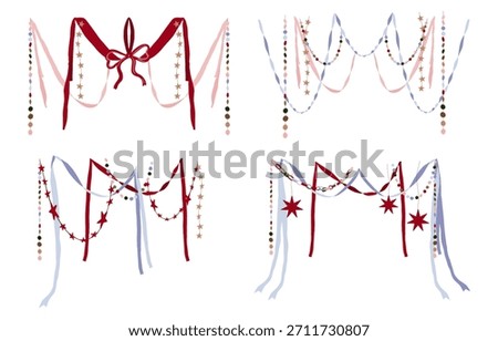 Set of doodle hand drawn Christmas garlands, ribbon and bows. Minimalist winter line art. Trendy borders for holiday poster, invitation, greeting card.