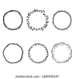 Set of doodle hand drawn circle frames. Vector isolated illustration. 