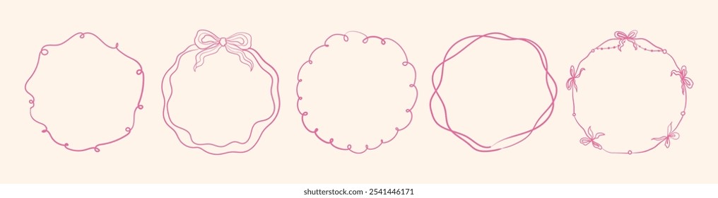 Set of doodle hand drawn circles, round frames with wavy lines, bows and ribbons. Minimalist cute line art. Modern whimsical borders for wedding invitations, birthday cards, lunch, holiday llustration