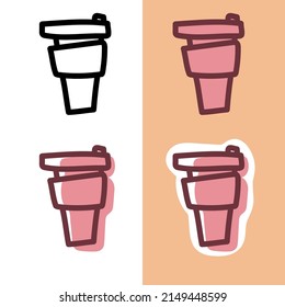 Juego de íconos de café dibujados a mano de doodle en los colores blanco y rosado en el fondo melocotón y blanco para la web, pegatinas y diseño