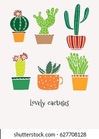 Set of doodle hand drawn color cactuses isolated on white background. Vector illustration.