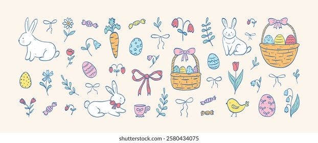 Set of doodle hand drawn coquette elements for Easter. Cute bunnies, bows and ribbons, flowers and leaves, basket, eggs. Cottagecore style. Vintage whimsical  vector illustration.