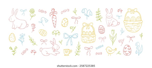 Set of doodle hand drawn coquette elements for Easter. Cute bunnies, bows and ribbons, flowers and leaves, basket, eggs. Cottagecore style. Vintage whimsical  vector illustration.