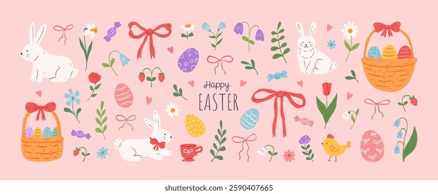 Set of doodle hand drawn coquette elements for Easter. Cute bunnies, bows and ribbons, flowers and leaves, basket, eggs. Cottagecore style. Vintage whimsical  vector illustration.