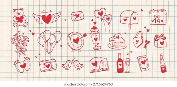Conjunto de doodle dibujado a mano lindos Elementos para el día de San Valentín. Pegatinas sobre el amor sobre fondo de papel a cuadros azul. Arcos, corazones, pastel, oso, calendario, teléfono. Ilustración vectorial.