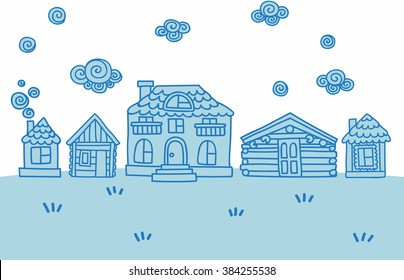 Set of doodle hand drawn cute easy-editable vector houses. Wooden cabins and cottages. Blue linear illustration with clouds. Also easy to change color