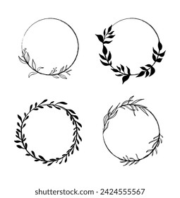 Set of doodle hand drawn decorative wreath with branch, herb, plant, leave and flower, floral. vector