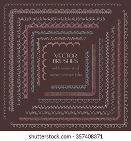 Set of doodle hand drawn decorative vector brushes with inner and outer corner tiles. Dividers, borders, ornaments. Ink brushes lace. Vector izolated.