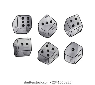 Set doodle hand drawn of dice. Cartoon drawing dice vector illustration. Dice watercolor colection vector eps10.