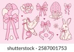 Set of doodle hand drawn elements for Easter in coquette style. Cute pink girly bunny, bows and ribbons, flower and dove, eggs. Cottagecore style. Vintage whimsical contour vector illustration.