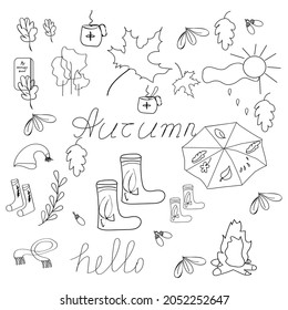 Set doodle  of hand drawn doodle elements about autumn. Cozy fall collection of drawings, outline vector drawing.