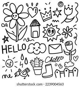 Set of doodle hand drawn. Elements of star, cactus, cloud, sun, word, chicken etc. Vector illustration