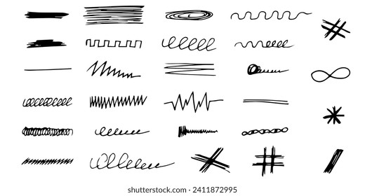 Set Doodle Hand Drawn elements isolated on white backdrop. Doodle brush collection. Ink underline. Vector illustration. EPS 10