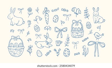 Set of doodle hand drawn elements for Easter in coquette style. Cute bunnies, bows and ribbons, flowers and leaves, basket, eggs. Cottagecore style. Vintage whimsical  vector illustration.