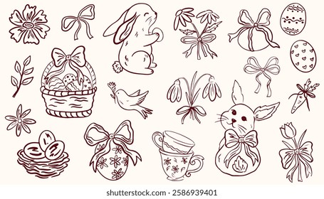 Set of doodle hand drawn elements for Easter in coquette style. Cute bunnies, bows and ribbons, flowers and leaves, basket, eggs. Vintage girly decoration. Whimsical vector illustration.