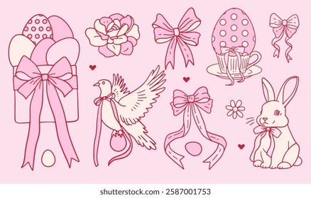 Set of doodle hand drawn elements for Easter in coquette style. Cute pink girly bunny, bows and ribbons, flower and dove, eggs. Cottagecore style. Vintage whimsical contour vector illustration.