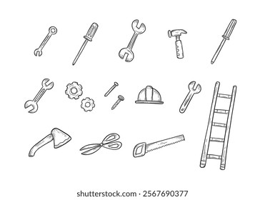 Set doodle hand drawn engineer and builder hardware tools sketch include axe, hammer, screwdriver, wrench, bolt, screw, nail, saw, helmet, ladder, gears, and scissors