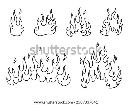 Set of doodle hand drawn fire outline, flame, various fire illustration