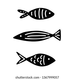 Set of doodle hand drawn fish. Black and white vector illustration