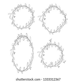 set of doodle hand drawn floral wreath. Ink drawing, graphic style, beautiful wedding design element