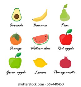 Set of doodle hand drawn fruits with avocado, banana, pear, apple, orange, watermelon, pomegranate, lemon isolated