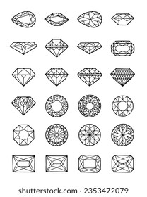 Conjunto de joyas y elementos de joyería dibujados a mano en Doodle, boceto de línea blanca y negra. Elementos aislados - Diamantes, brillantes, cristales y gemas sobre fondo blanco, ilustración vectorial