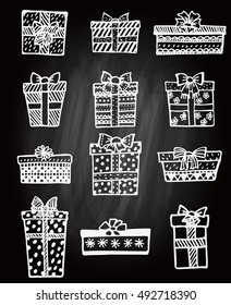 Set of doodle hand drawn gift boxes and presents.