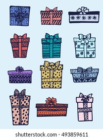 Set of doodle hand drawn gift boxes and presents.