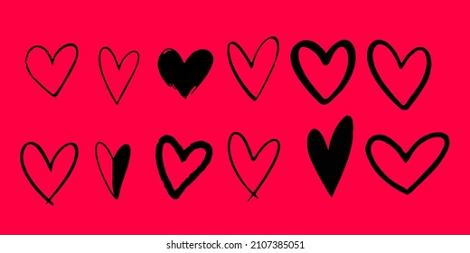 Set of doodle hand drawn hearts at pink background.