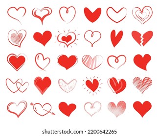 Set of doodle hand drawn hearts. Different shapes and styles. Love line icon. Vector illustration. 