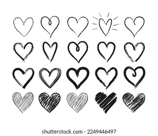 Set of doodle hand drawn hearts. Cute sketched heart shaped design elements for greeting card, web site, sticker, label, logo and Valentines day design. 