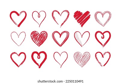 Set of doodle hand drawn hearts. Cute sketched heart shaped design elements for greeting card, web site, sticker, label, logo and Valentines day design. 