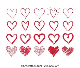 Set of doodle hand drawn hearts. Cute sketched heart shaped design elements for greeting card, web site, sticker, label, logo and Valentines day design. 