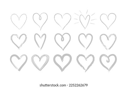 Set of doodle hand drawn hearts. Cute sketched heart shaped design elements for greeting card, web site, sticker, label, logo and Valentines day design. 