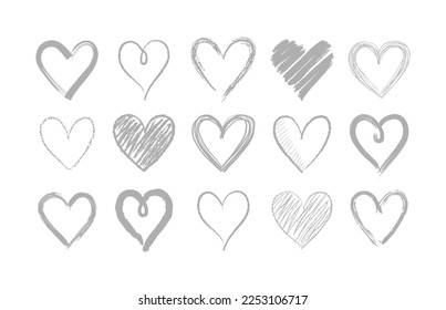 Set of doodle hand drawn hearts. Cute sketched heart shaped design elements for greeting card, web site, sticker, label, logo and Valentines day design. 