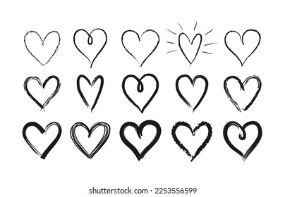 Set of doodle hand drawn hearts. Cute sketched heart shaped design elements for greeting card, web site, sticker, label, logo and Valentines day design. 