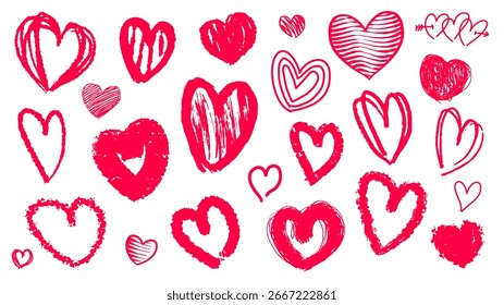 Conjunto de corazones dibujados a mano doodle. Diferentes pinceles y bolígrafos de tinta utilizados. estilo grunge y sketchy para el día de San Valentín y conceptos de amor, boda y símbolos de una fiesta